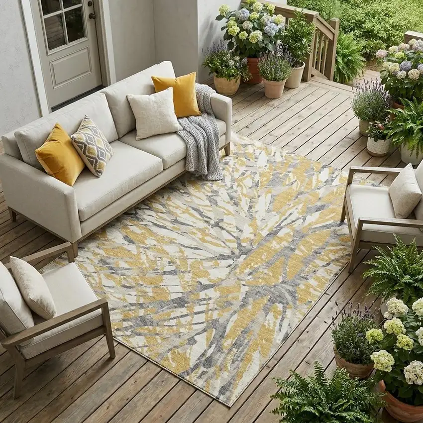 Gold And Ivory Abstract Washable Indoor Outdoor Area Rug Photo 1
