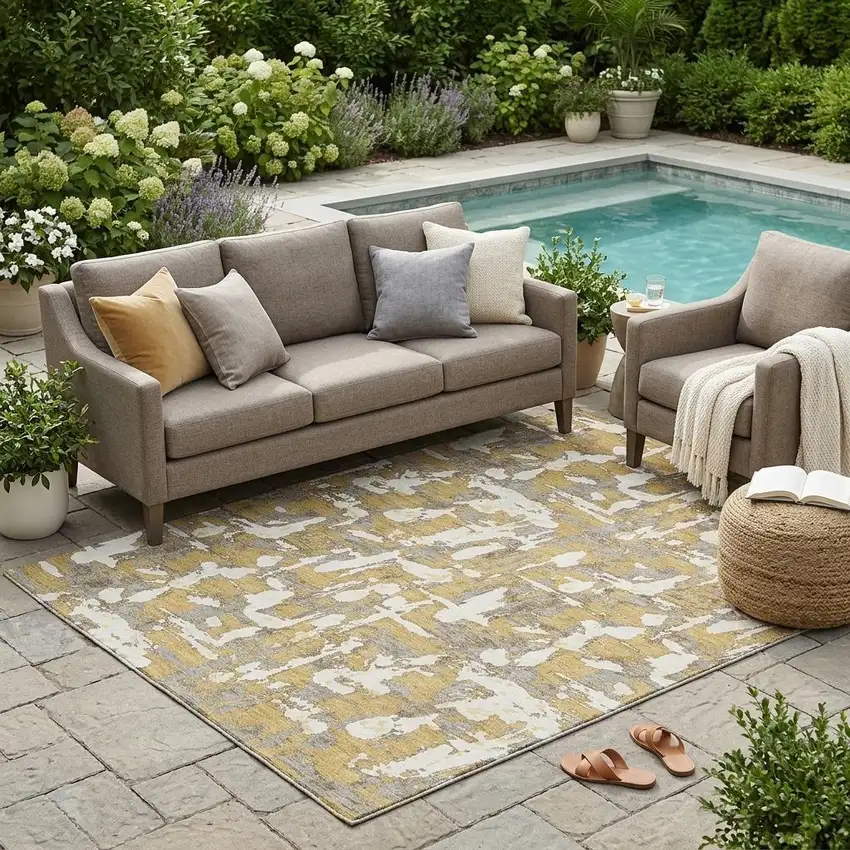 Gold And Ivory Abstract Washable Indoor Outdoor Area Rug Photo 1