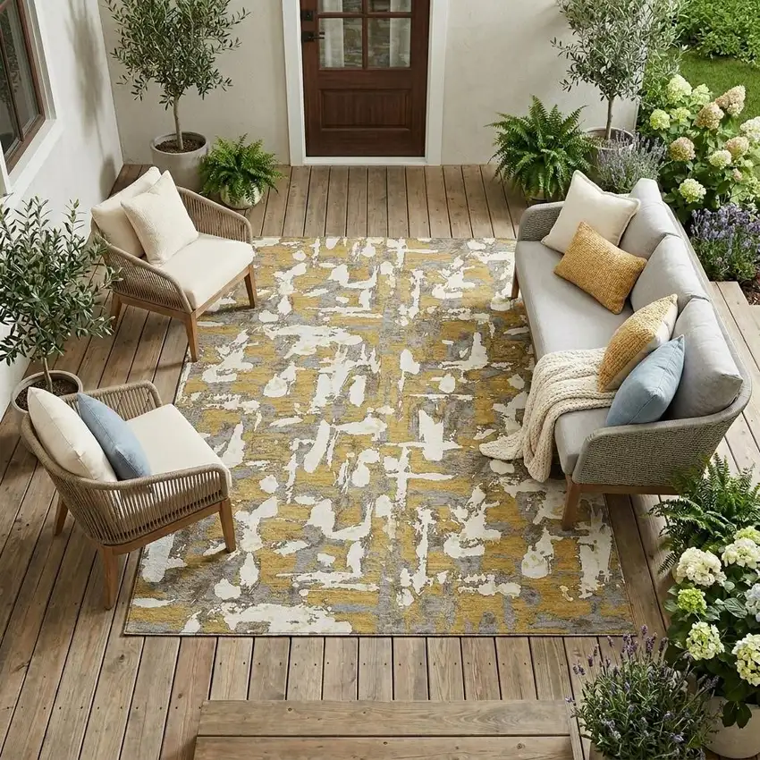 Gold And Ivory Abstract Washable Indoor Outdoor Area Rug Photo 1
