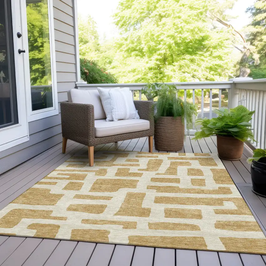 Gold And Ivory Abstract Washable Indoor Outdoor Area Rug Photo 8