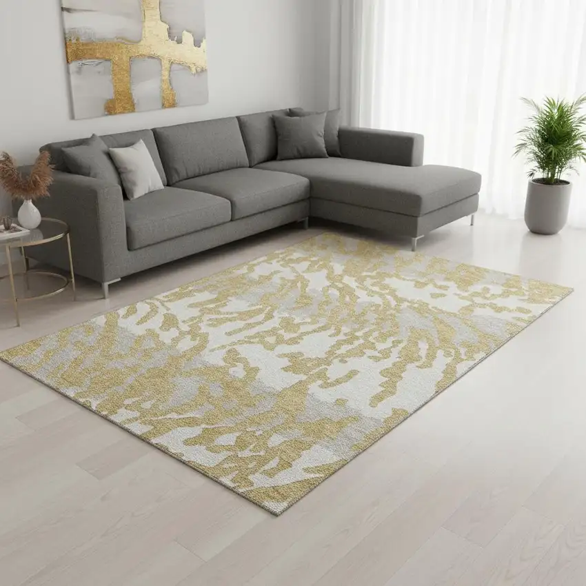 Gold And Ivory Animal Print Washable Area Rug With UV Protection Photo 2