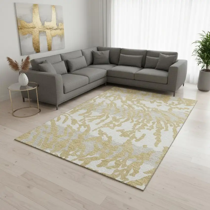 Gold And Ivory Animal Print Washable Area Rug With UV Protection Photo 2