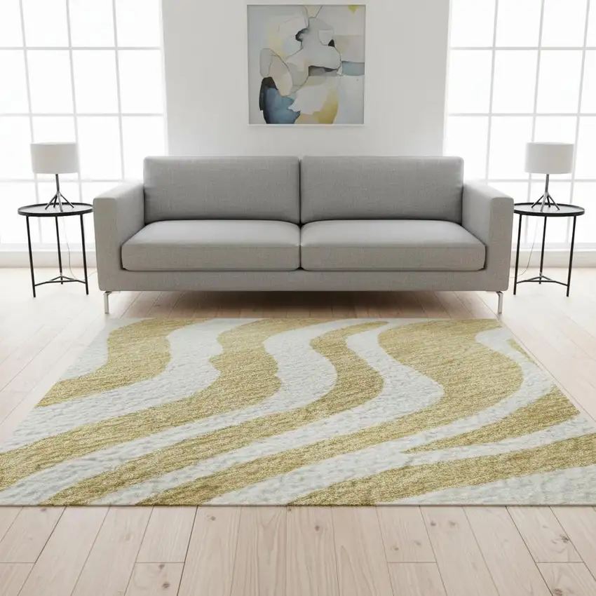 Gold And Ivory Animal Print Washable Area Rug With UV Protection Photo 2