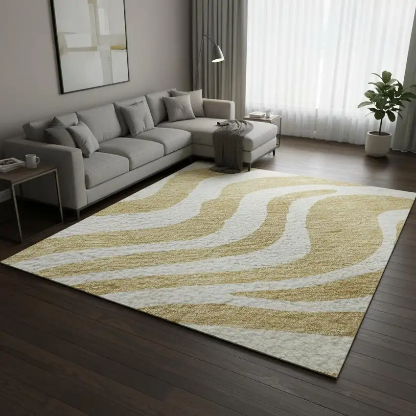 Gold And Ivory Animal Print Washable Area Rug With UV Protection Photo 2