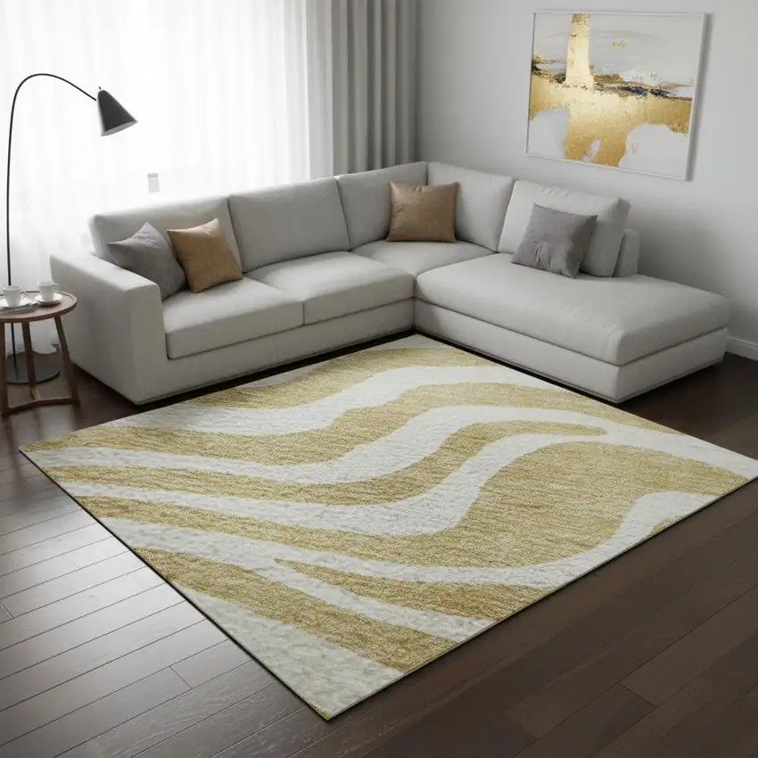 Gold And Ivory Animal Print Washable Area Rug With UV Protection Photo 2