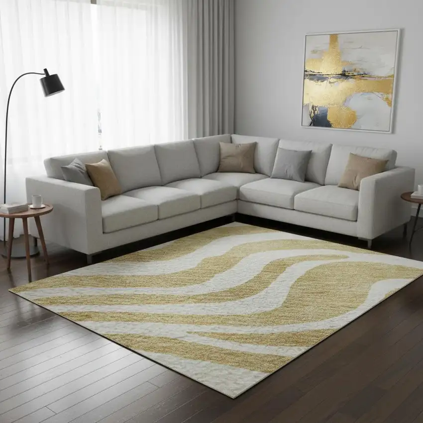 Gold And Ivory Animal Print Washable Area Rug With UV Protection Photo 2