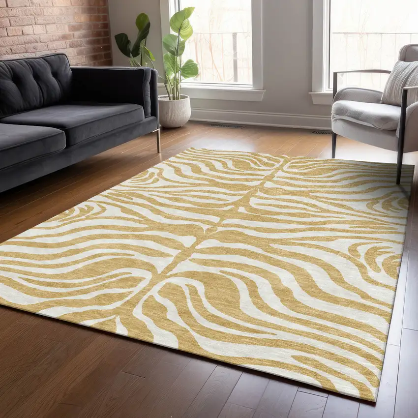 Gold And Ivory Animal Print Washable Indoor Outdoor Area Rug Photo 8