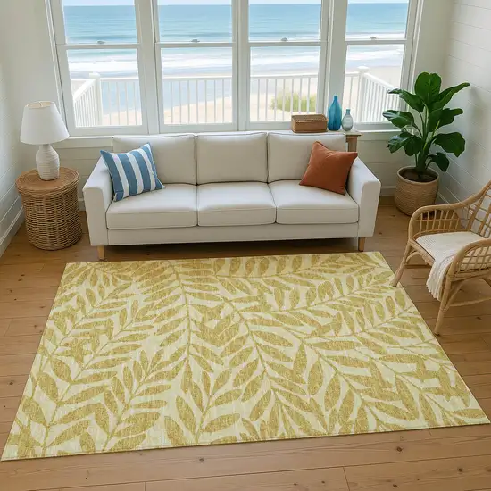 Gold And Ivory Botanical Leaves Washable Area Rug With UV Protection Photo 5
