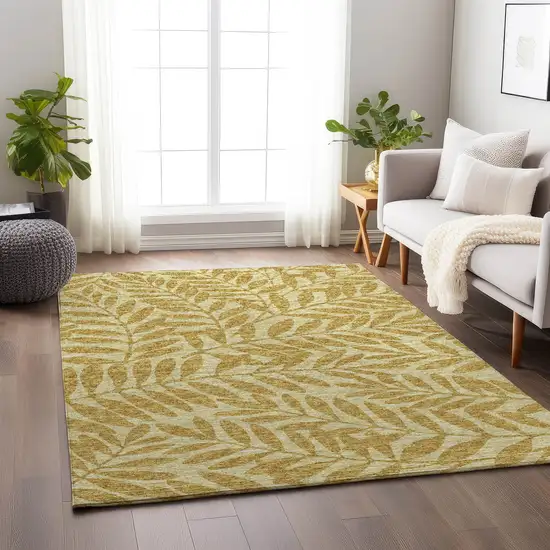 Gold And Ivory Botanical Leaves Washable Area Rug With UV Protection Photo 4