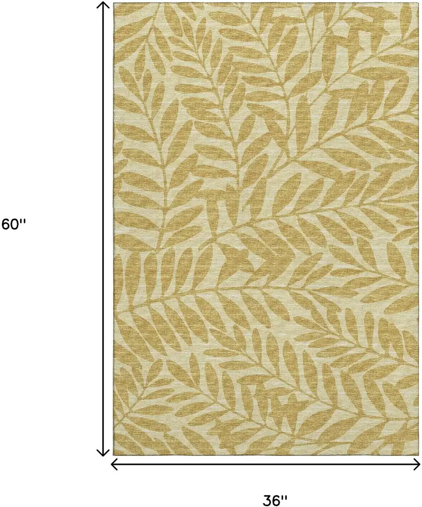 Gold And Ivory Botanical Leaves Washable Area Rug With UV Protection Photo 3