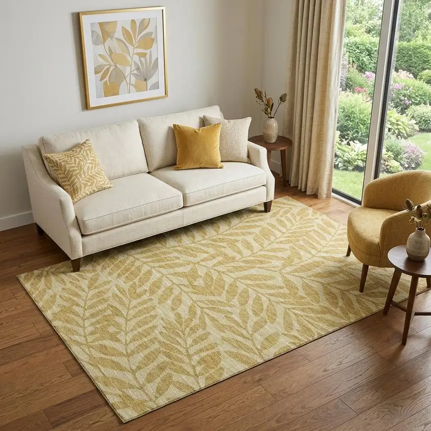 Gold And Ivory Botanical Leaves Washable Area Rug With UV Protection Photo 1