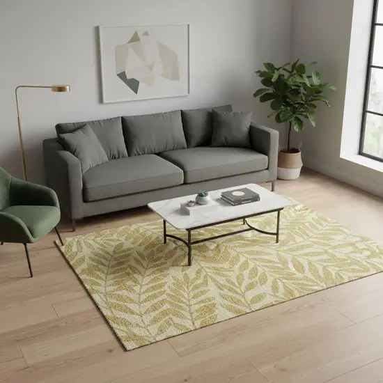 Gold And Ivory Botanical Leaves Washable Area Rug With UV Protection Photo 1