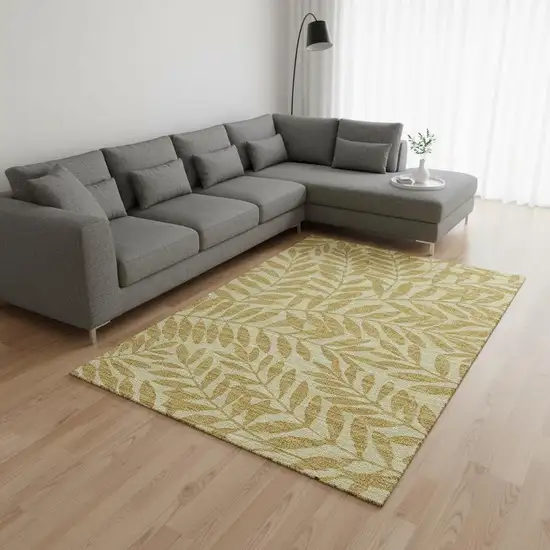 Gold And Ivory Botanical Leaves Washable Area Rug With UV Protection Photo 1