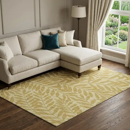 Gold And Ivory Botanical Leaves Washable Area Rug With UV Protection Photo 1
