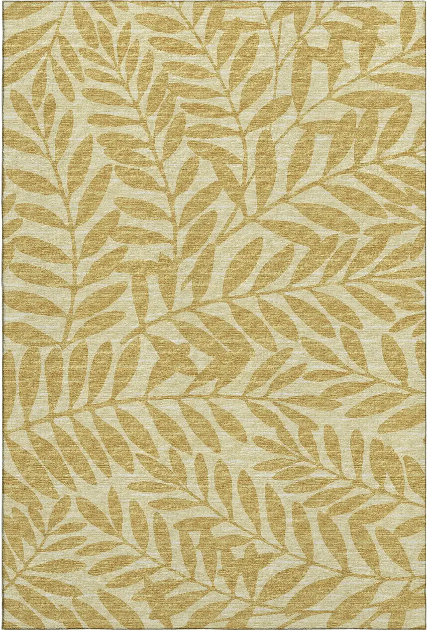Gold And Ivory Botanical Leaves Washable Area Rug With UV Protection Photo 2