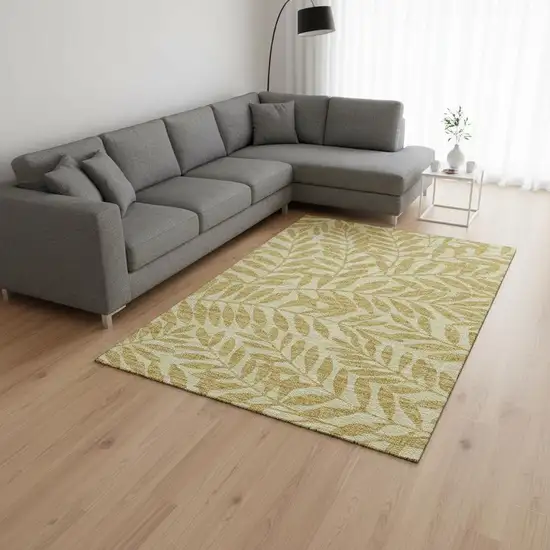 Gold And Ivory Botanical Leaves Washable Area Rug With UV Protection Photo 1
