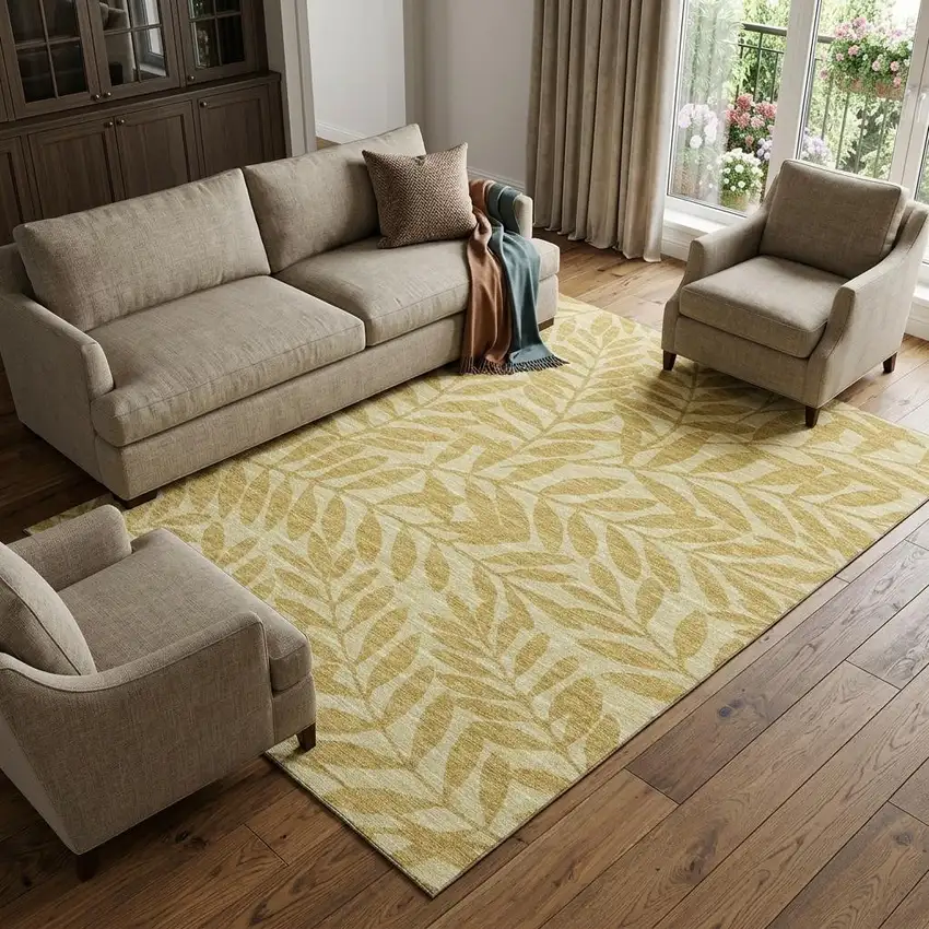 Gold And Ivory Botanical Leaves Washable Area Rug With UV Protection Photo 1