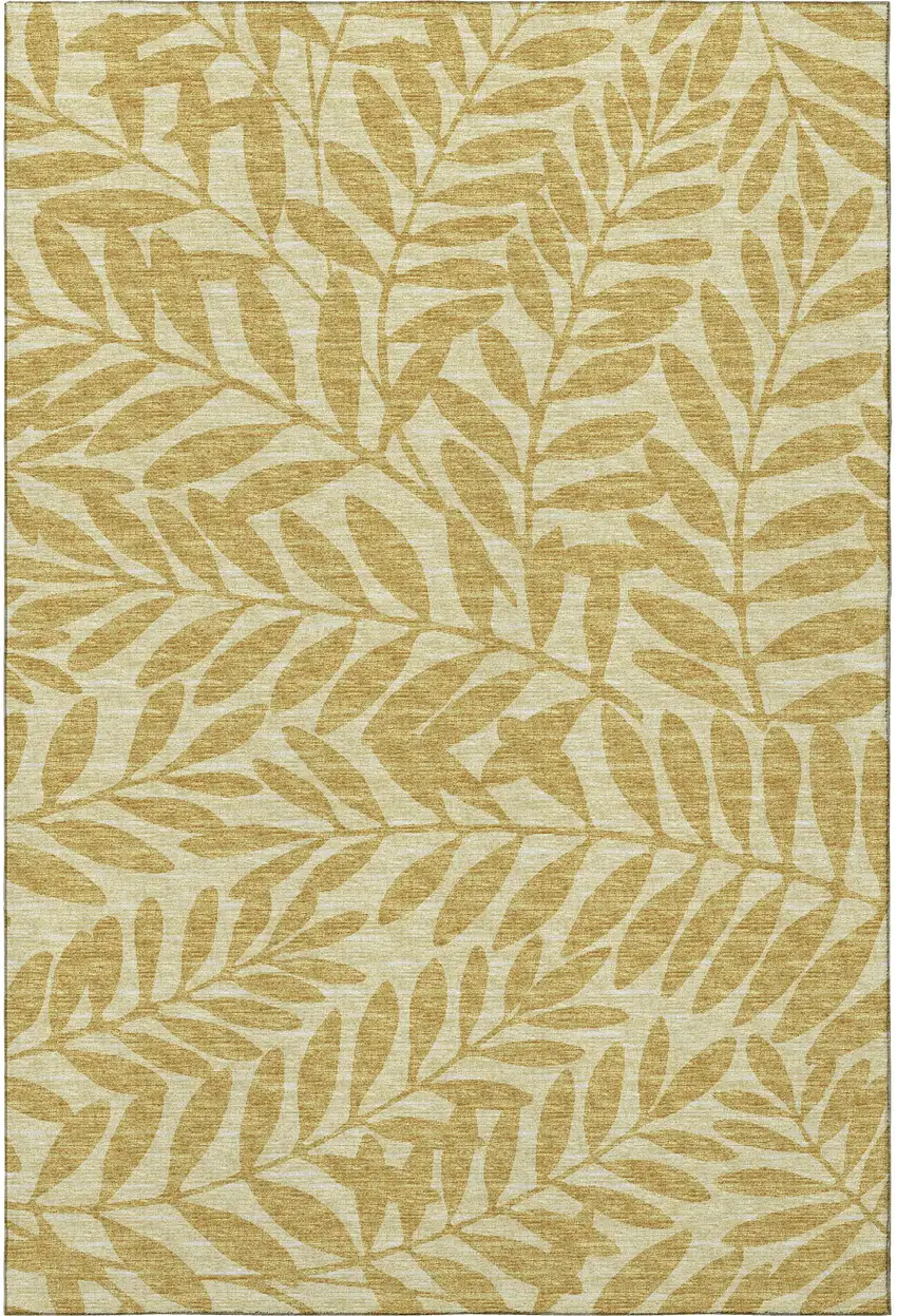 Gold And Ivory Botanical Leaves Washable Area Rug With UV Protection Photo 6