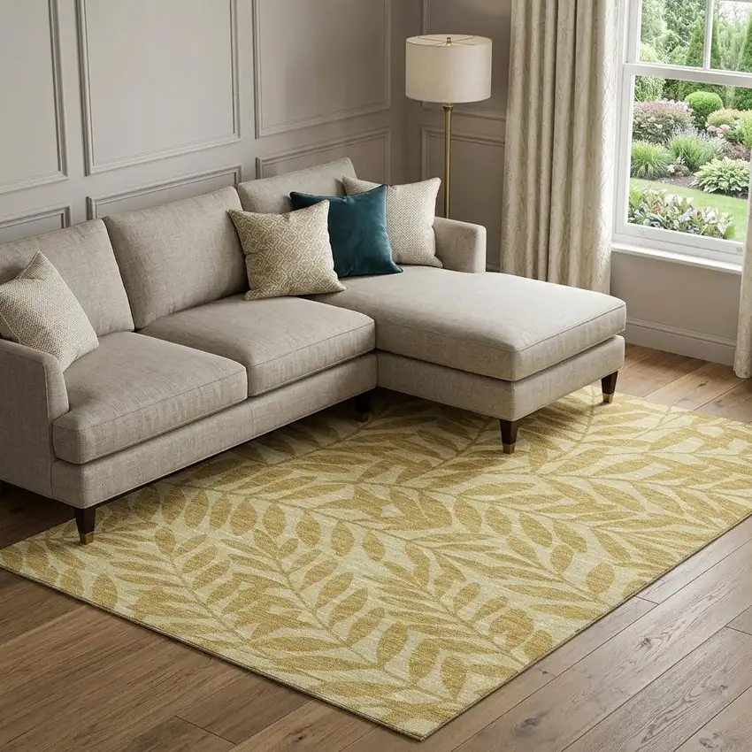 Gold And Ivory Botanical Leaves Washable Area Rug With UV Protection Photo 1