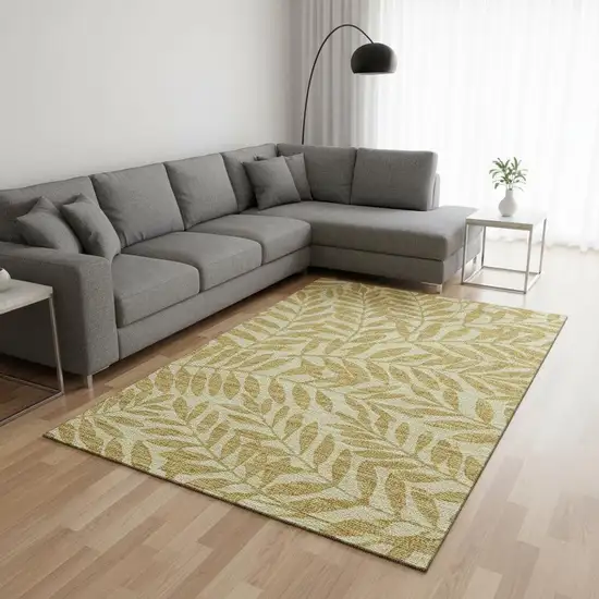 Gold And Ivory Botanical Leaves Washable Area Rug With UV Protection Photo 1