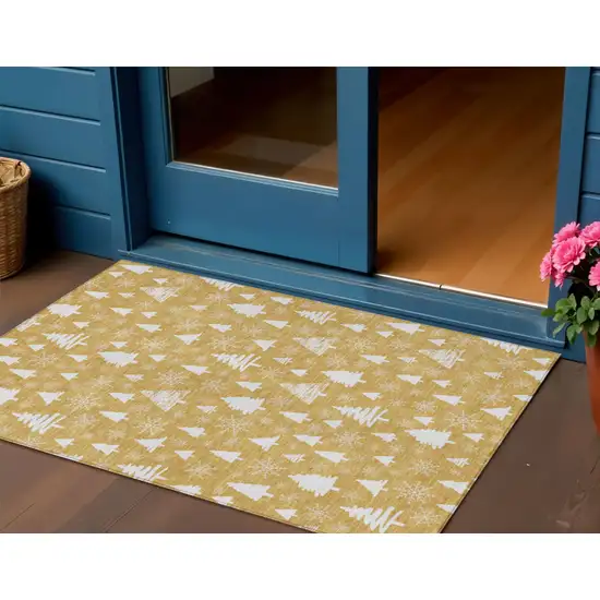 Gold And Ivory Botanical Leaves Washable Indoor Outdoor Area Rug Photo 2