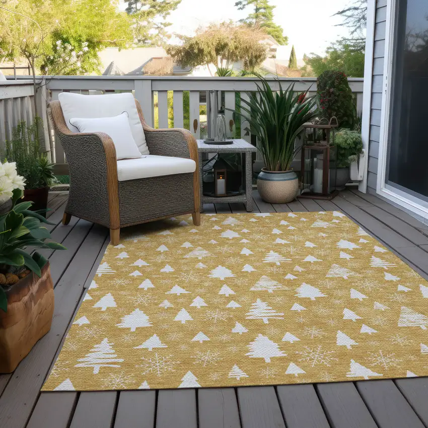 Gold And Ivory Botanical Leaves Washable Indoor Outdoor Area Rug Photo 9