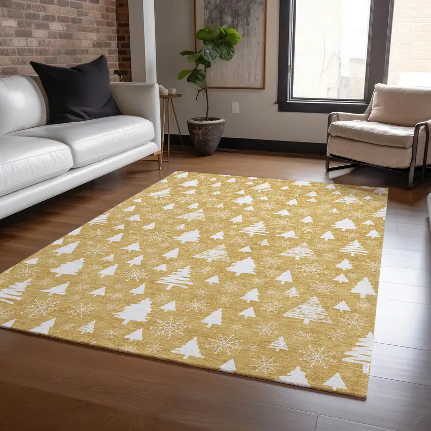 Gold And Ivory Botanical Leaves Washable Indoor Outdoor Area Rug Photo 7