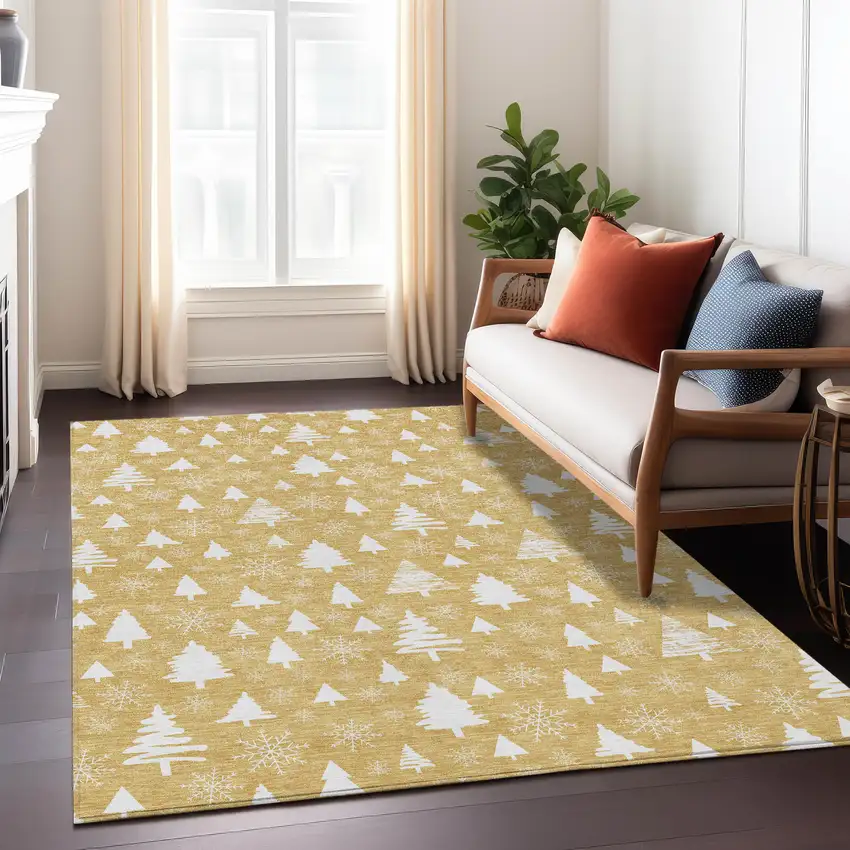 Gold And Ivory Botanical Leaves Washable Indoor Outdoor Area Rug Photo 8