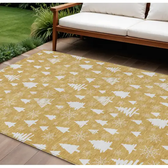 Gold And Ivory Botanical Leaves Washable Indoor Outdoor Area Rug Photo 2