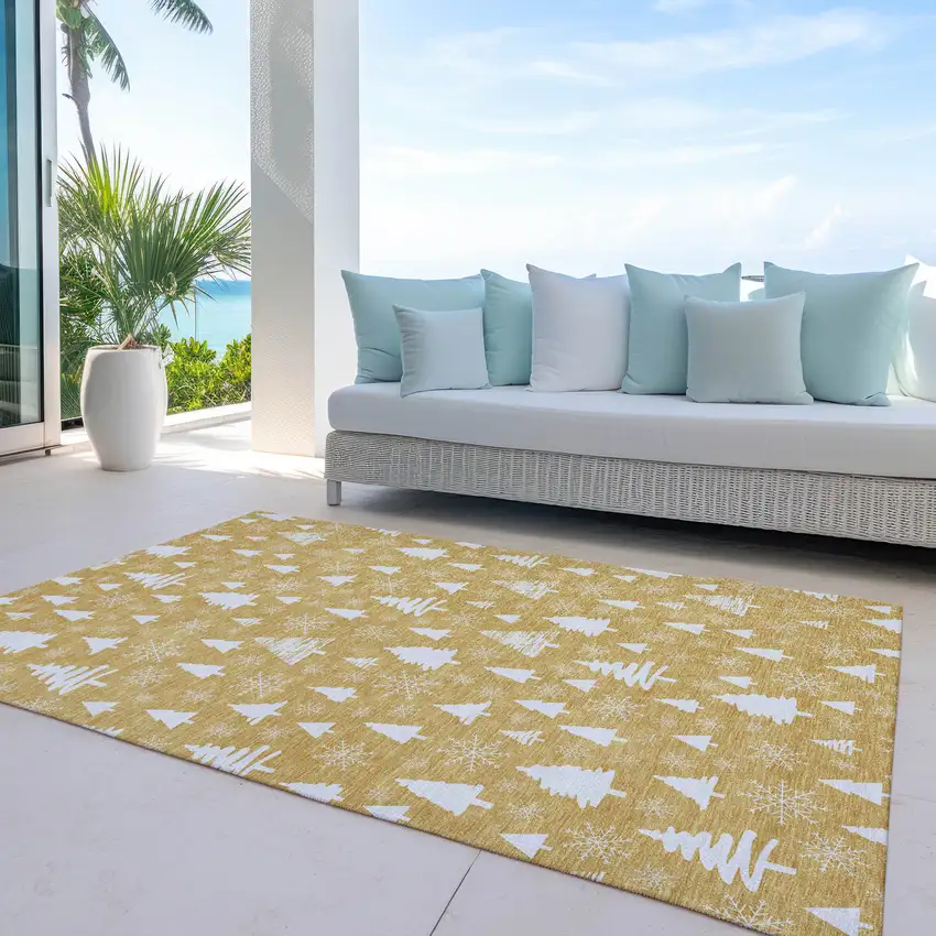 Gold And Ivory Botanical Leaves Washable Indoor Outdoor Area Rug Photo 6