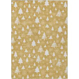 Photo of Gold And Ivory Botanical Leaves Washable Indoor Outdoor Area Rug