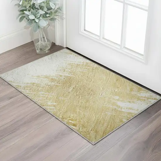 Gold And Ivory Chevron Washable Area Rug With UV Protection Photo 2