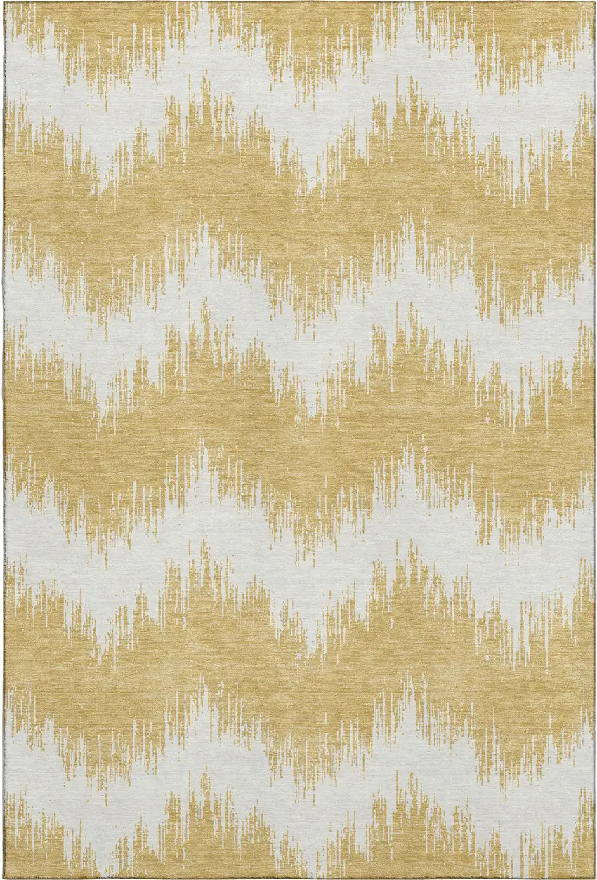 Gold And Ivory Chevron Washable Area Rug With UV Protection Photo 5