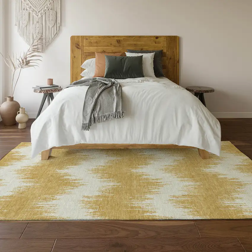 Gold And Ivory Chevron Washable Area Rug With UV Protection Photo 4