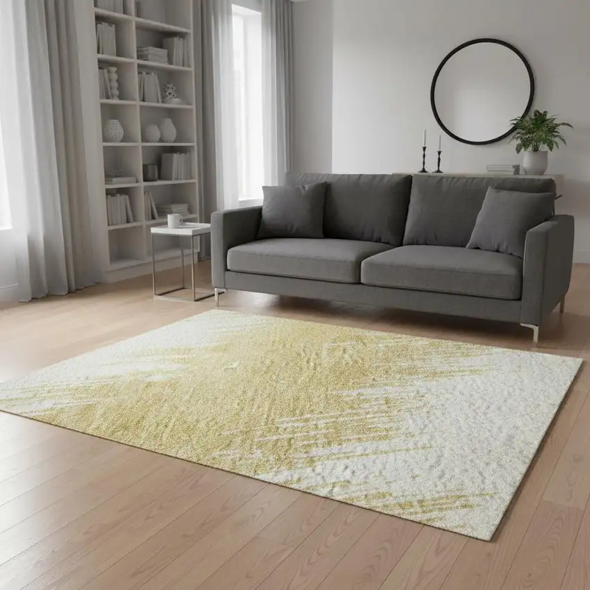 Gold And Ivory Chevron Washable Area Rug With UV Protection Photo 2