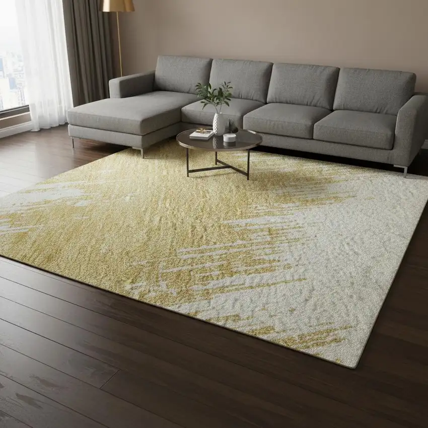 Gold And Ivory Chevron Washable Area Rug With UV Protection Photo 2