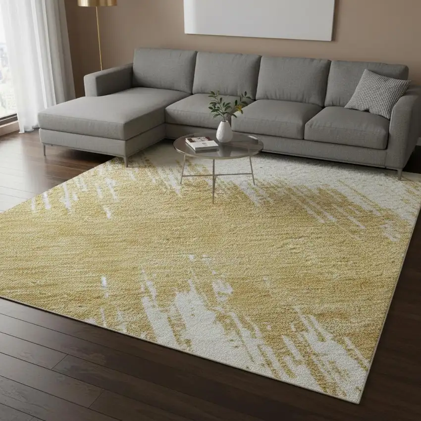 Gold And Ivory Chevron Washable Area Rug With UV Protection Photo 2