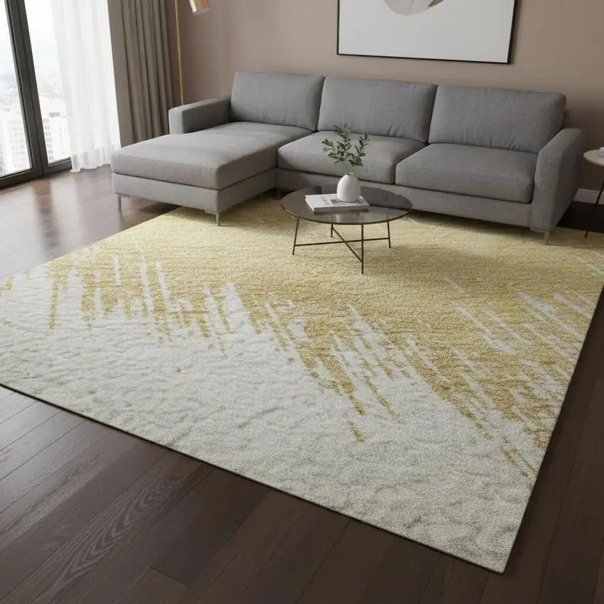 Gold And Ivory Chevron Washable Area Rug With UV Protection Photo 2