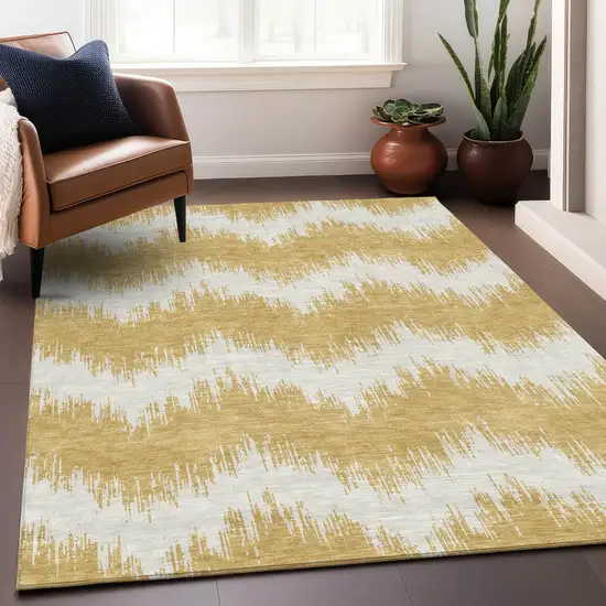 Gold And Ivory Chevron Washable Indoor Outdoor Area Rug Photo 9