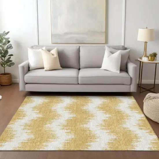 Gold And Ivory Chevron Washable Indoor Outdoor Area Rug Photo 9