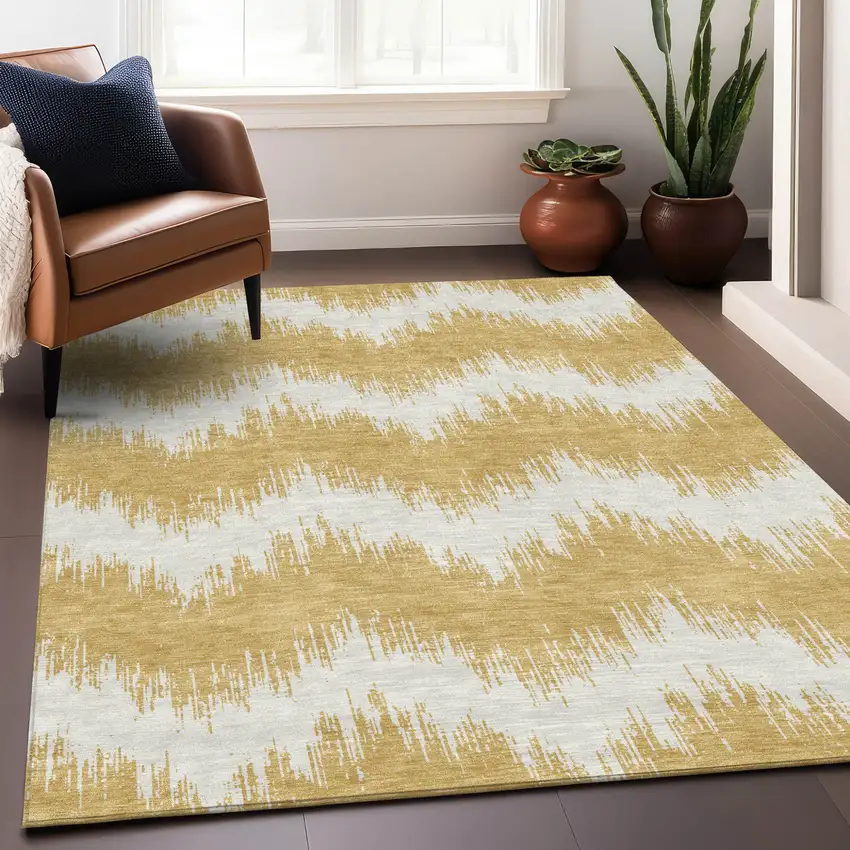 Gold And Ivory Chevron Washable Indoor Outdoor Area Rug Photo 9