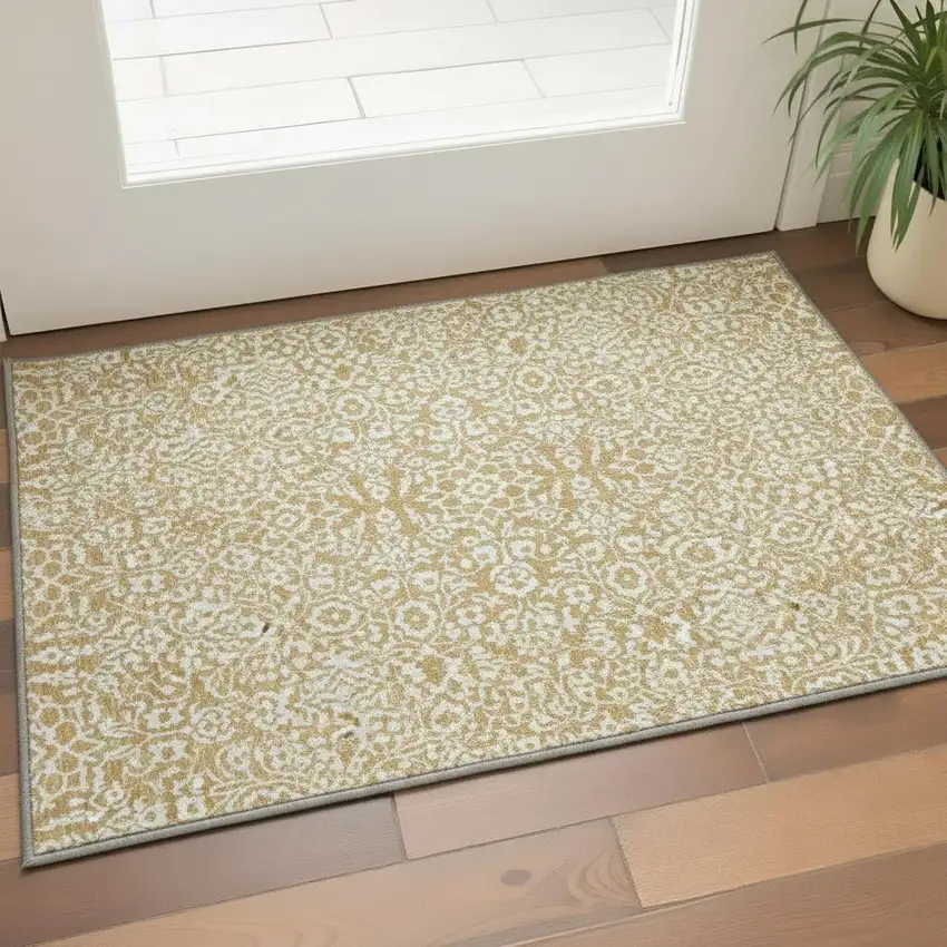 Gold And Ivory Damask Washable Area Rug With UV Protection Photo 2