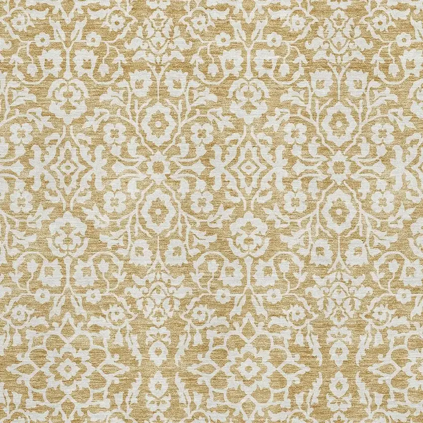Gold And Ivory Damask Washable Area Rug With UV Protection Photo 3