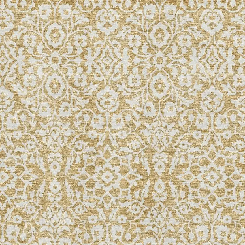 Gold And Ivory Damask Washable Area Rug With UV Protection Photo 3