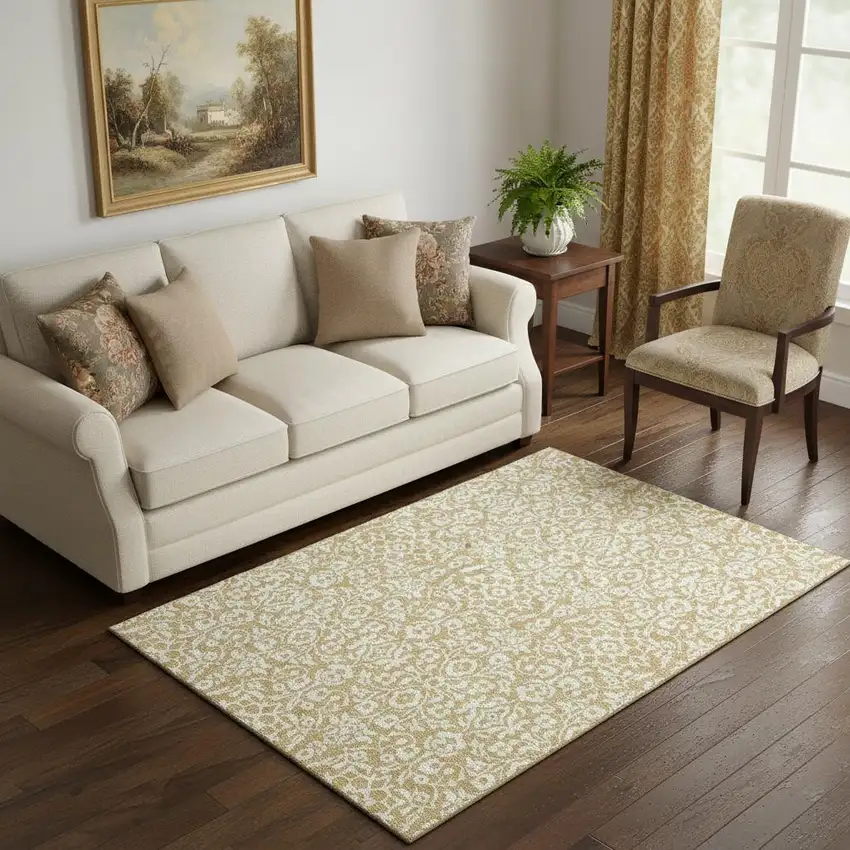 Gold And Ivory Damask Washable Area Rug With UV Protection Photo 1