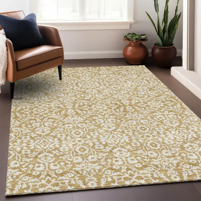 Gold And Ivory Damask Washable Area Rug With UV Protection Photo 5