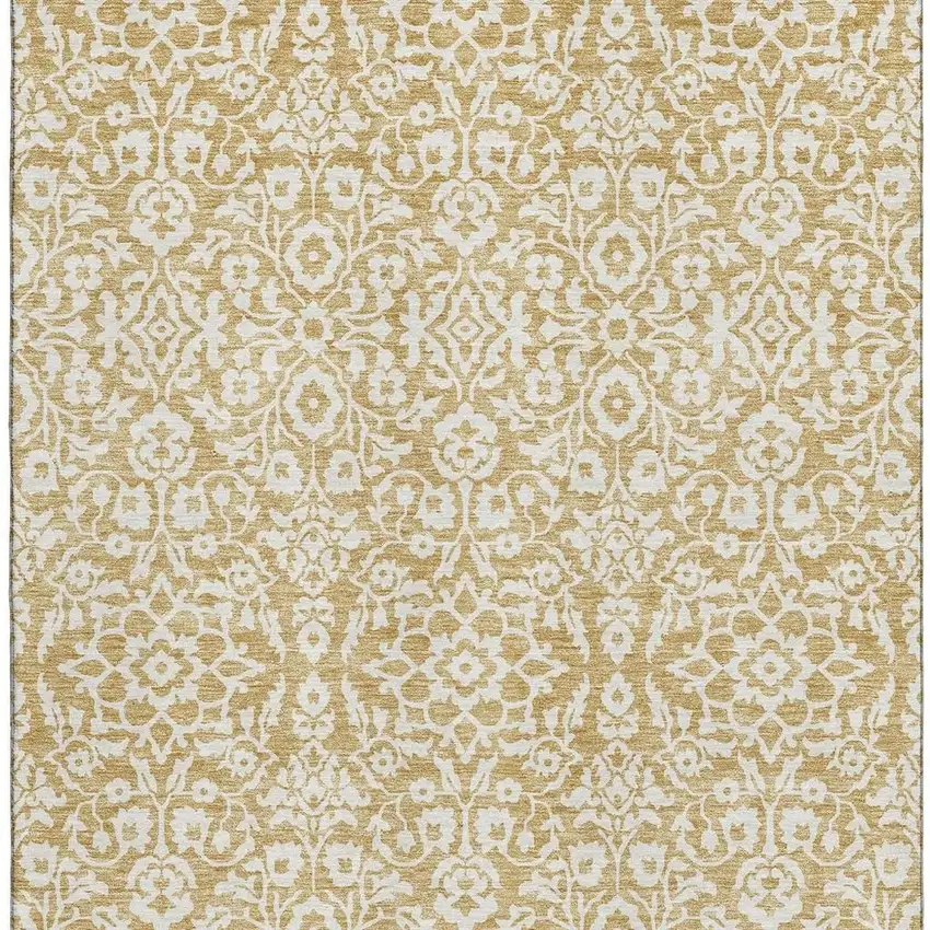 Gold And Ivory Damask Washable Area Rug With UV Protection Photo 4