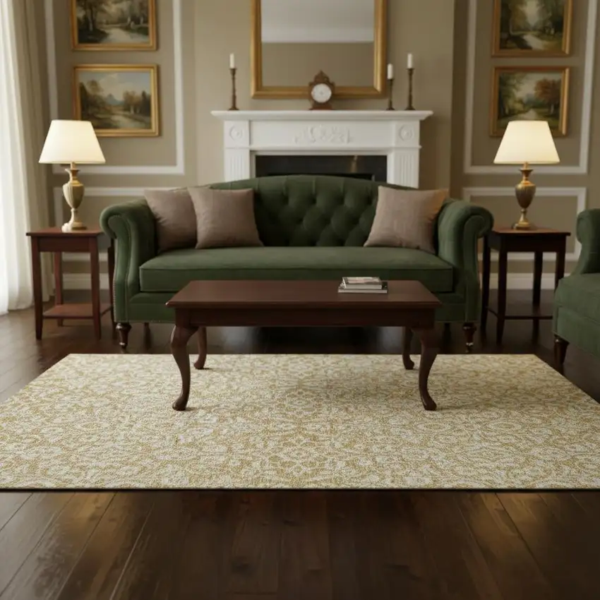 Gold And Ivory Damask Washable Area Rug With UV Protection Photo 2