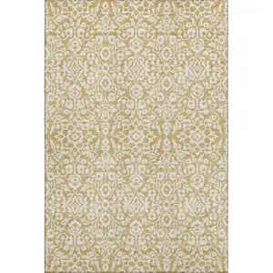 Photo of Gold And Ivory Damask Washable Area Rug With UV Protection