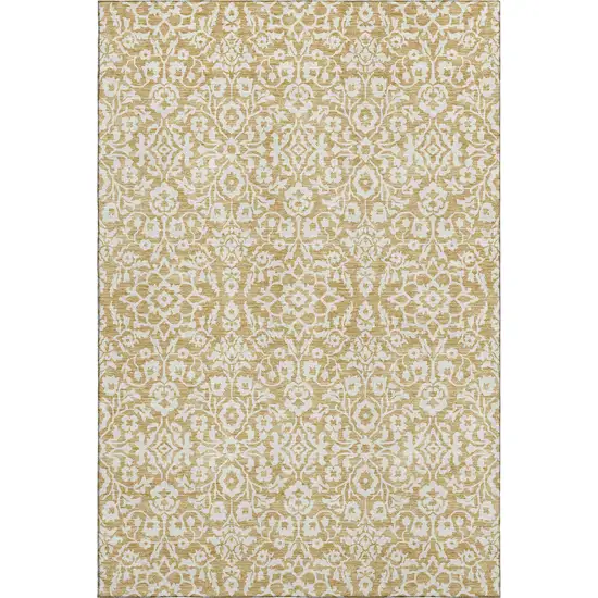 Gold And Ivory Damask Washable Area Rug With UV Protection Photo 1